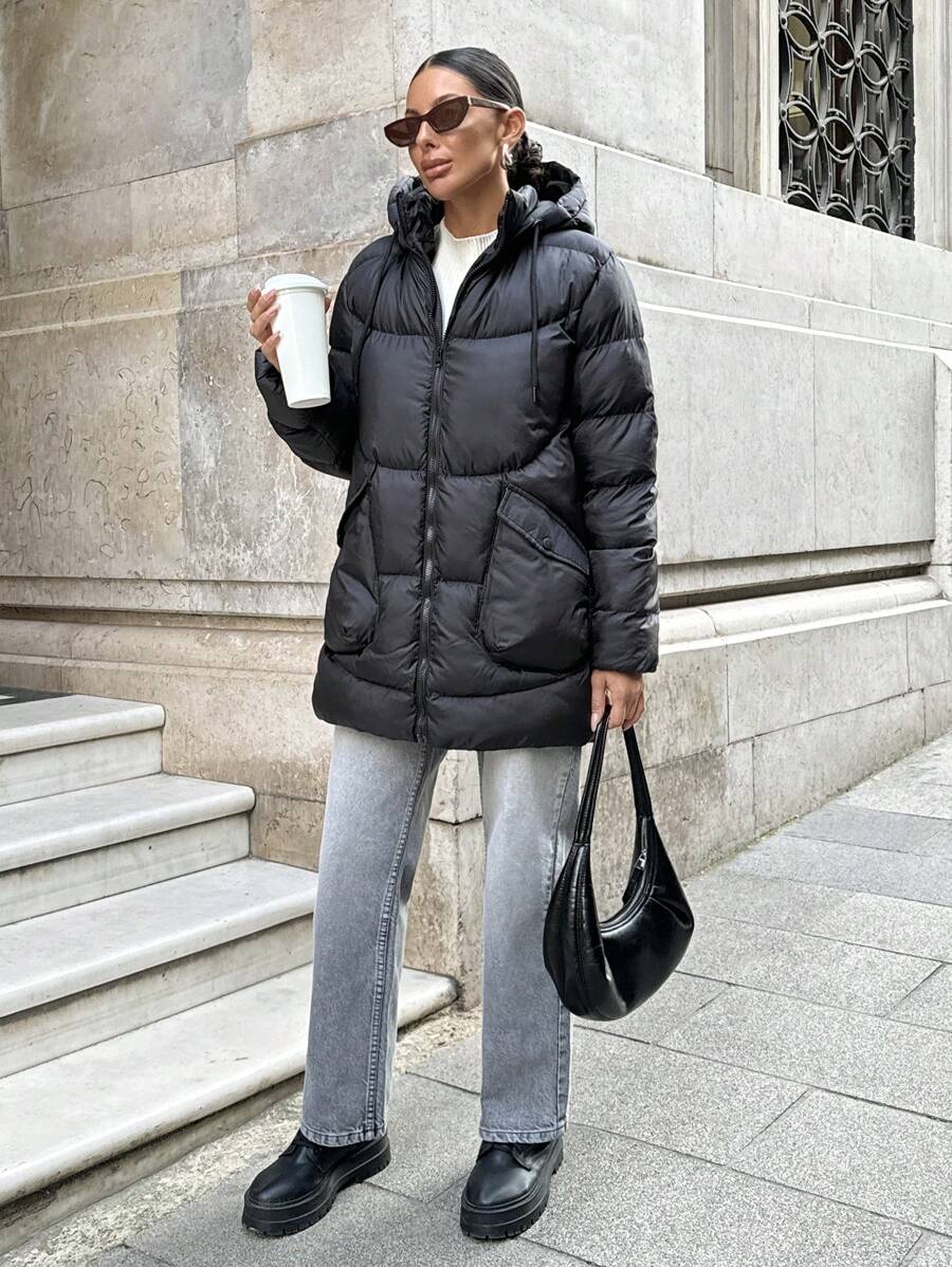 EURMUSE WOMAN BLACK PUFFY WINTER COAT WITH POCKETS - Black - View 1