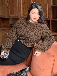 Dazy Plus Leopard Print Round Neck Loose Long Sleeve T-Shirt, Spring/Summer,Fall Clothes - Brown - View 5