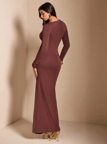 SHEIN BAE Vestido maxi de color marrón sólido/café con cuello redondo, manga larga, fruncido, ajustado y con cola de pez, adecuado para fiesta de cóctel, cita romántica, vestido de otoño/invierno para capas, fiesta, dama de honor de boda, noche, Halloween, Navidad - Marrón - Ver 2