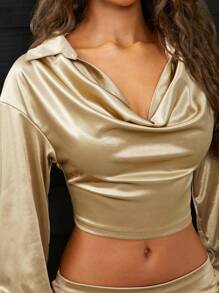 SHEIN SXY Conjunto de 2 piezas de blusa calada y falda de cola de pez en color champán, ideal para fiesta navideña en otoño/invierno