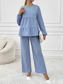 SHEIN Bộ 2 món/Bộ quần áo tay dài màu trơn đơn giản cho bà bầu, mùa thu, dành cho bà bầu - Màu xanh nhạt - Xem 5