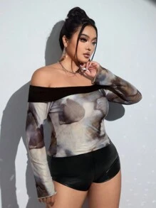 SHEIN ICON Blusa de manga larga de punto con panel de malla de hombros descubiertos y estampado tie-dye para mujer talla grande