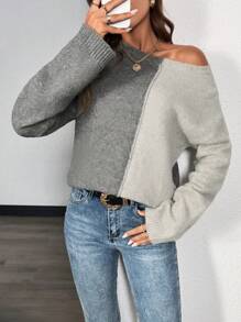 SHEIN Unity Women Color Block Round Neck Rib Knit Thick Warm Pullover Sweater Knit Pullover Fall Winter - Grey - View 3