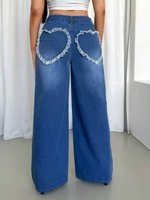 SHEIN Essnce Women Casual Heart Lace Trim Distressed Wide Leg Jeans - Blue - View 3