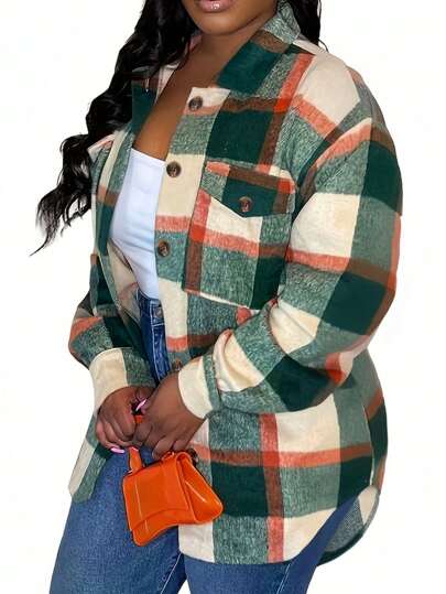 时尚休闲纽扣口袋女式大码外套，适合冬季