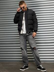 RueChic Men's Basic Style Dark Pattern Fabric Fitted Winter Coat - Black - View 7