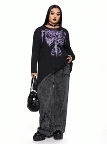 ROMWE Goth Plus Size Dark Skull & Skeleton Graphic Batwing Sleeve T-Shirt - Black - View 1