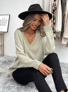 SHEIN LUNE Women's Casual V-Neck Loose Knit Sweater, Plain Color, Suitable For Autumn/Winter - Khaki - View 6