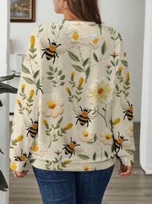 SHEIN LUNE 大码女式休闲甜美蜜蜂和雏菊印花针织纹理运动衫，适合秋冬季
