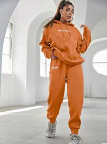 RueChic Cotton Slogan Graphic Drop Shoulder Drawstring Hoodie & Sweatpants - Orange - View 4