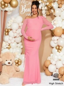 Loomaby Maternity Solid Color Asymmetric Neck Long Sleeve Side Drawstring Split Hem Dress, Elegant,Autumn For Baby Shower Party