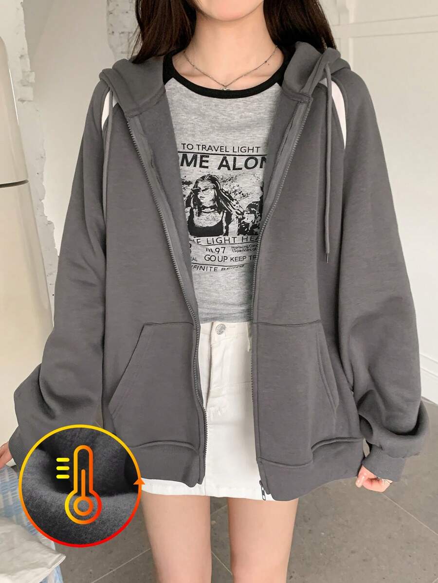 DAZY 女式秋季拼色插肩袖拉链连帽抽绳休闲运动衫，休闲连帽夹克