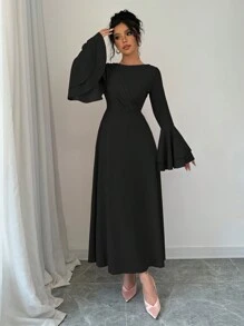 Rafferiza 女士纯色圆领喇叭袖优雅连衣裙，秋季长款女装 - 黑色 - 查看 6