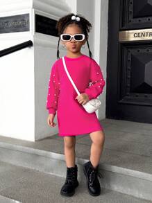 SHEIN Young Girl Casual Versatile Soft Knitted Beaded Round Neck Drop Shoulder Dress - Hot Pink - View 6