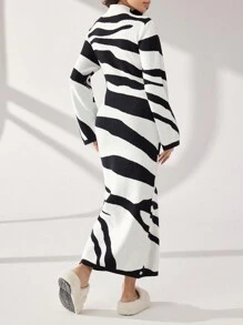 Modelyn 女士立领长袖斑马纹拼色针织毛衣连衣裙秋冬季 - 黑與白 - 查看 2