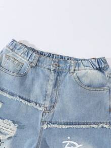 SHEIN ChillGRL 适合少女的涂鸦破洞阔腿牛仔裤，宽松男友风牛仔裤