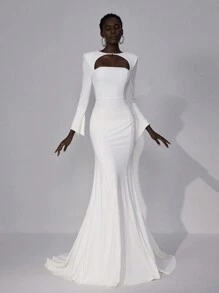 Elitara Elegant White Tube Long Flare Sleeve Round Neck Backless Rhinestone Decor Mermaid Wedding Dress, Bridal Dress,Bride