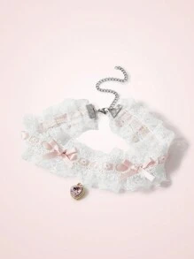 SHEIN MOD Women's Fashionable Lace Collar With Bow Decor Valentines - Pink - View 5