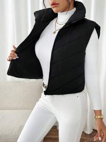SHEIN Frenchy Vrouwen dons gewatteerde kraag mouwloze jas, winter, vrouwen mouwloze rits casual warme gewatteerde jas, winter vrouwen jas, zwarte jas, winter vrouwen kleding, zwarte jas, retro, elegante vrouwen, festival kleding, zakelijke casual vrouwen,