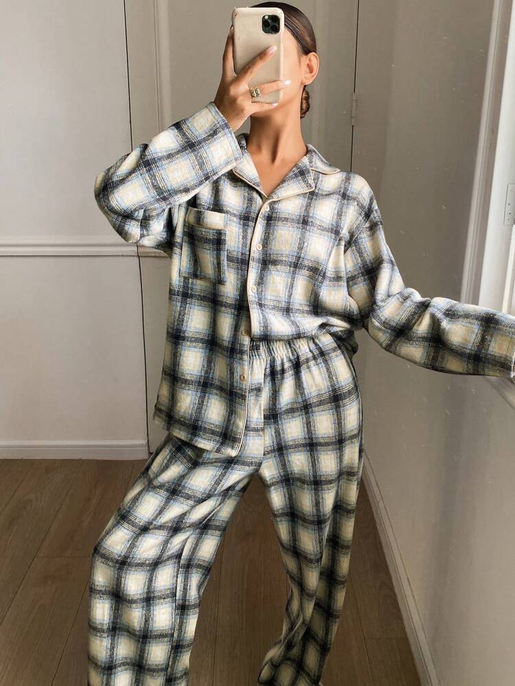 Women Lapel Collar Long Sleeve Plaid Print Loose Pajama Set