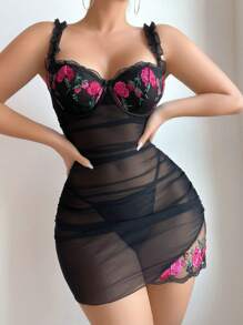 Snug Zone 2pcs Set: Sexy Crinkled Figure-Flattering Ruffled Mesh Embroidery Nightgown + Thong Panty - Black - View 4