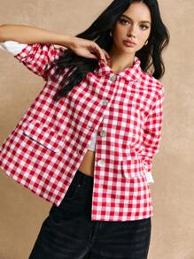 Poéselle 女士长袖仿口袋格子棉服外套，休闲日常穿着，冬季女装，红色和白色，轻松时尚必备 - 紅白色 - 查看 6