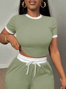 SHEIN SXY Summer 2pcs Contrast Color Trim Round Neck Short Sleeve Top And Drawstring Pants Setfall Clothes Women - Mint Green - View 8