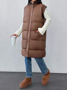 SHEIN Cottnline Simple Solid Zip Up Puffer Vest Coat For Winter, Women Clothes - Brown - View 4