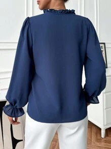 EURMUSE 1 件女士纯色荷叶边 V 领长袖优雅衬衫，适合秋季 - 藏蓝色 - 查看 2