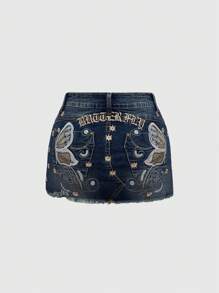 ROMWE Fairycore Women Bow Embroidered Denim Mini Skirt - Dark Wash - View 1