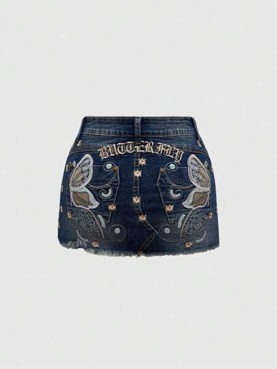 Fairycore Minifalda de jean con bordado de lazo para mujeres