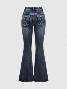 ROMWE Hippie Women's Cowgirl Embroidered Bohemian Style Denim Low Waist Jeans,Country