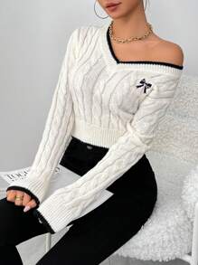 Selianne Women's Fashion Embroidered Butterfly V-Neck Cable Knit Short Pullover Sweater, Autumn/Winter Knit Pullover Fall Outfit - Beige - View 5