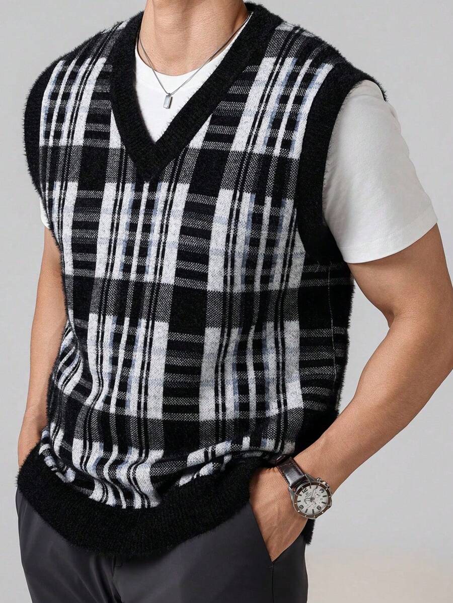 Manfinity Mode Men's Casual Plaid V-Neck Sleeveless Sweater Vest, Autumn/Winter - Multicolor - View 1