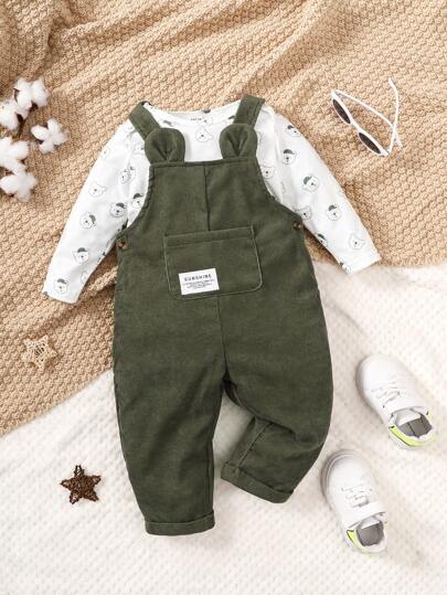 SHEIN Vintaside Kids 男嬰卡通圖案連體衣和3D耳朵設計背帶連身褲