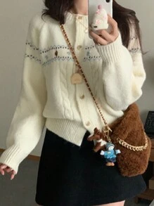 DAZY 女士休闲日常穿着前扣纹理针织插肩袖开衫，秋冬，长袖上衣，秋季女装 - 杏色 - 查看 3