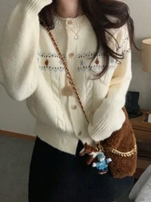 DAZY 女士休闲日常穿着前扣纹理针织插肩袖开衫，秋冬，长袖上衣，秋季女装 - 杏色 - 查看 4