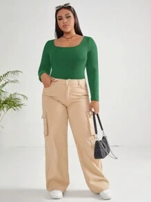 SHEIN EZwear 适合春冬季的加大罗纹针织紧身衣 - 墨綠色 - 查看 5