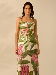 CAJUNI 女式波西米亚风香蕉树印花无袖细肩带系腰连衣裙，休闲海滩度假夏季 - 彩色 - 查看 4