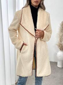 SHEIN LUNE 1pc Women Apricot Color Block Hem Flannel Collar Regular Jacket, Winter - Apricot - View 3