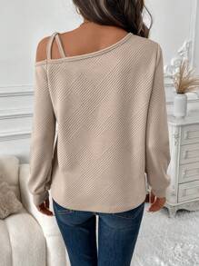 EMERY ROSE 1pc Women's Khaki Off Shoulder Long Sleeve T-Shirt, Autumn/Winter - Khaki - View 2
