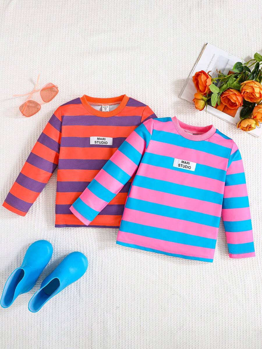 2 件套年轻女孩时尚休闲彩色条纹圆领宽松运动衫秋冬季 - 彩色 - 查看 1