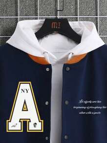 Manfinity Campus Court Men 1pc Slogan Graphic Colourblock Drop Shoulder Varsity Jacket - Navy Blue - View 5