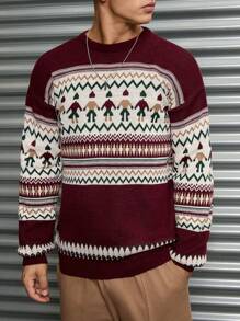 RueChic Men Geometrical Pattern Crew Neck Regular Sweater - Burgundy - View 7