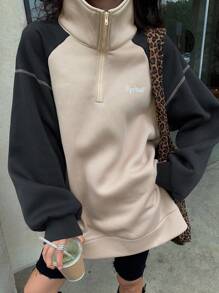 DAZY Áo nỉ in chữ cổ đứng trang trí tương phản cho nữ, áo dài tay, quần áo mùa thu - Màu Khaki - Xem 8