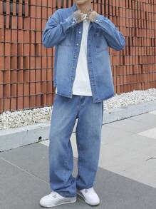 Manfinity Homme Men Plus Size Casual Fashionable Washed Denim Jacket And Jeans Set, Suitable For Spring And Autumn - Medium Wash - View 5