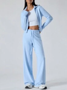 LYSMO 2 件套女士纯色拉链开衫和针织裤休闲套装，秋冬 - 藍色 - 查看 5