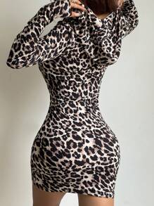 SHEIN EZwear 女士休闲豹纹针织连帽紧身连衣裙，秋季 - 卡其色 - 查看 2