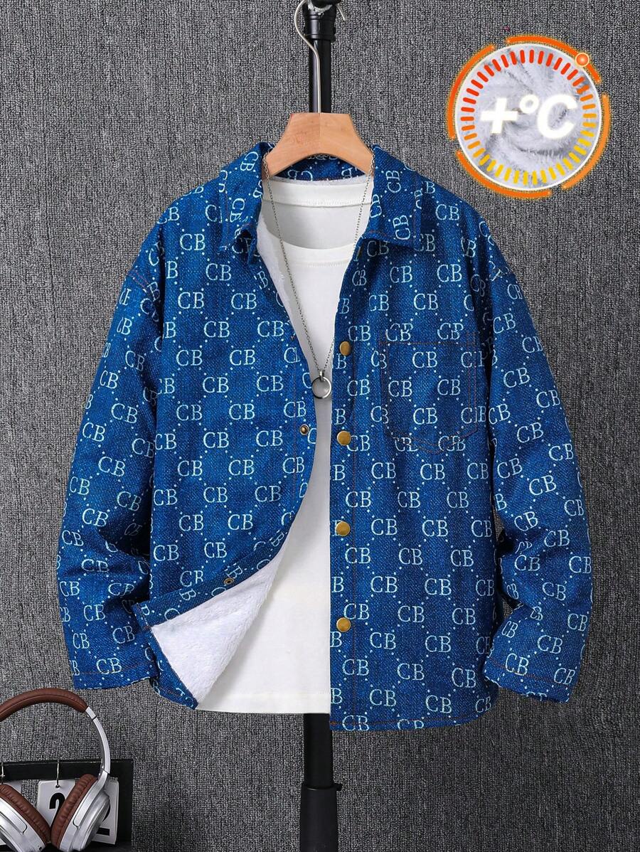 Tween Boys All-Over Print Fuzzy Lining Warm Jacket, Casual For Outdoor, School & Autumn/Winter - Blue - View 1