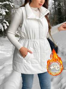 SHEIN Privé 大码优雅厚实保暖学院风白色夹棉背心，配有收腰、口袋和立领外套